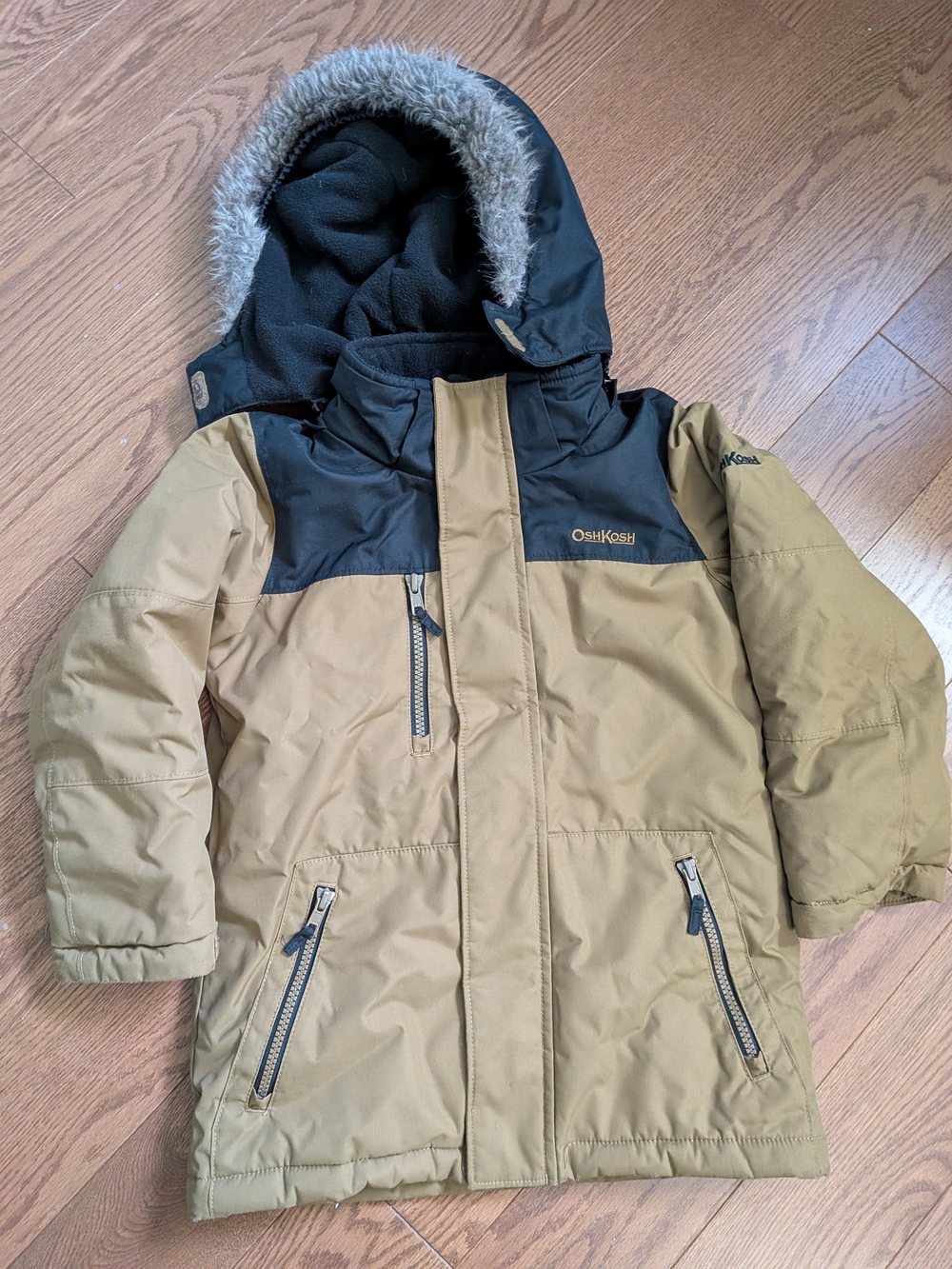 OshKosh B'gosh Tan and Black Puffer Jacket with Faux Fur Trim Hood